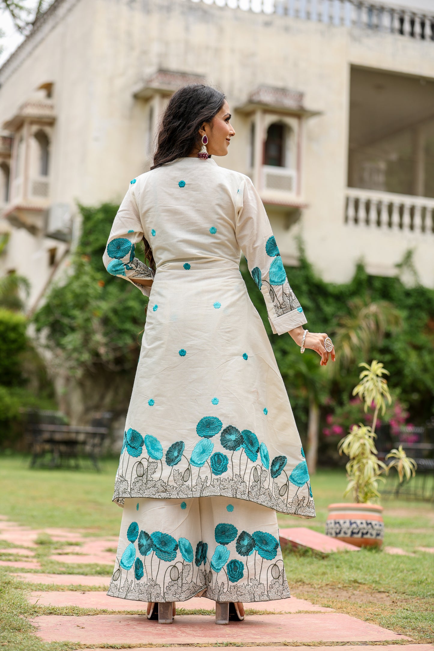 Off-White Kurta Set with Blue Hand Print