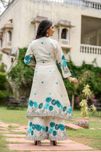 Off-White Kurta Set with Blue Hand Print
