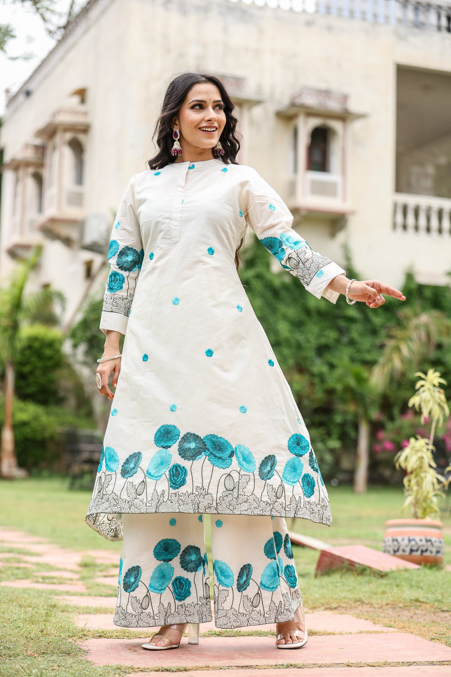Off-White Kurta Set with Blue Hand Print