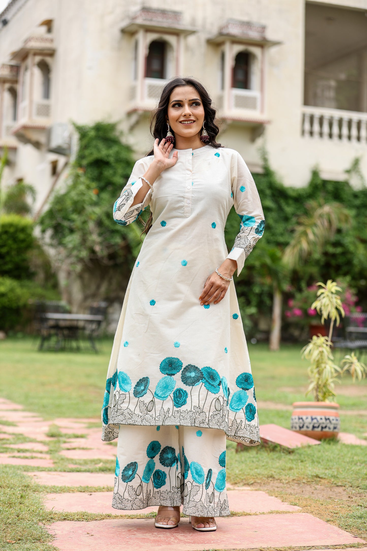 Off-White Kurta Set with Blue Hand Print