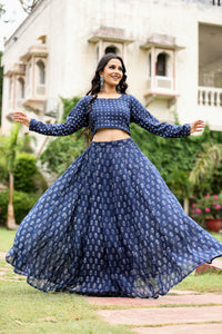 indigo kota doriya handblock crop top with skirt set for womens