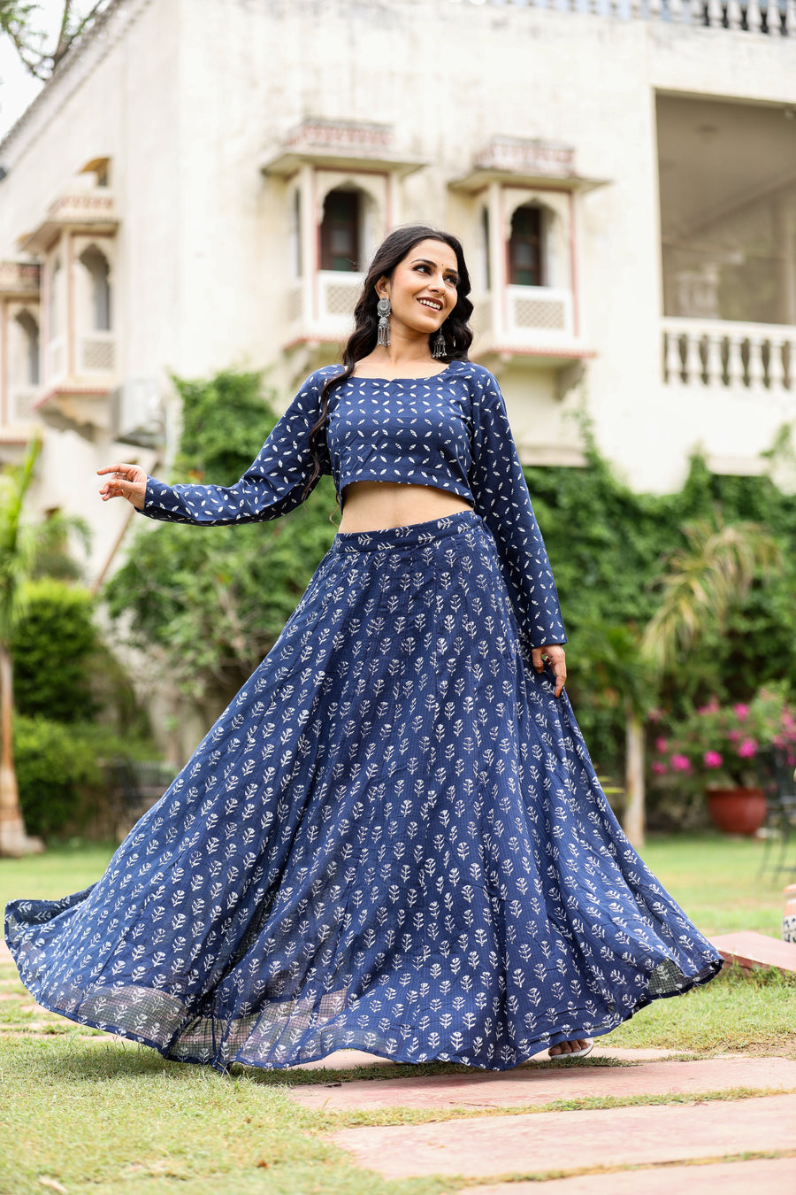 indigo kota doriya handblock crop top with skirt set for womens