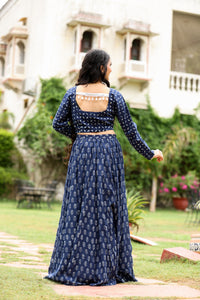 indigo kota doriya handblock crop top with skirt set for womens
