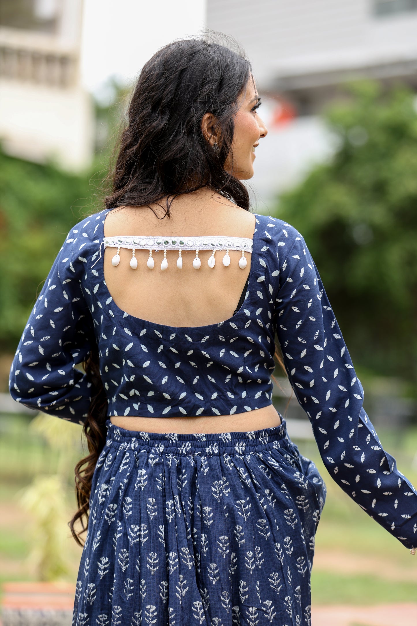 indigo kota doriya handblock crop top with skirt set for womens