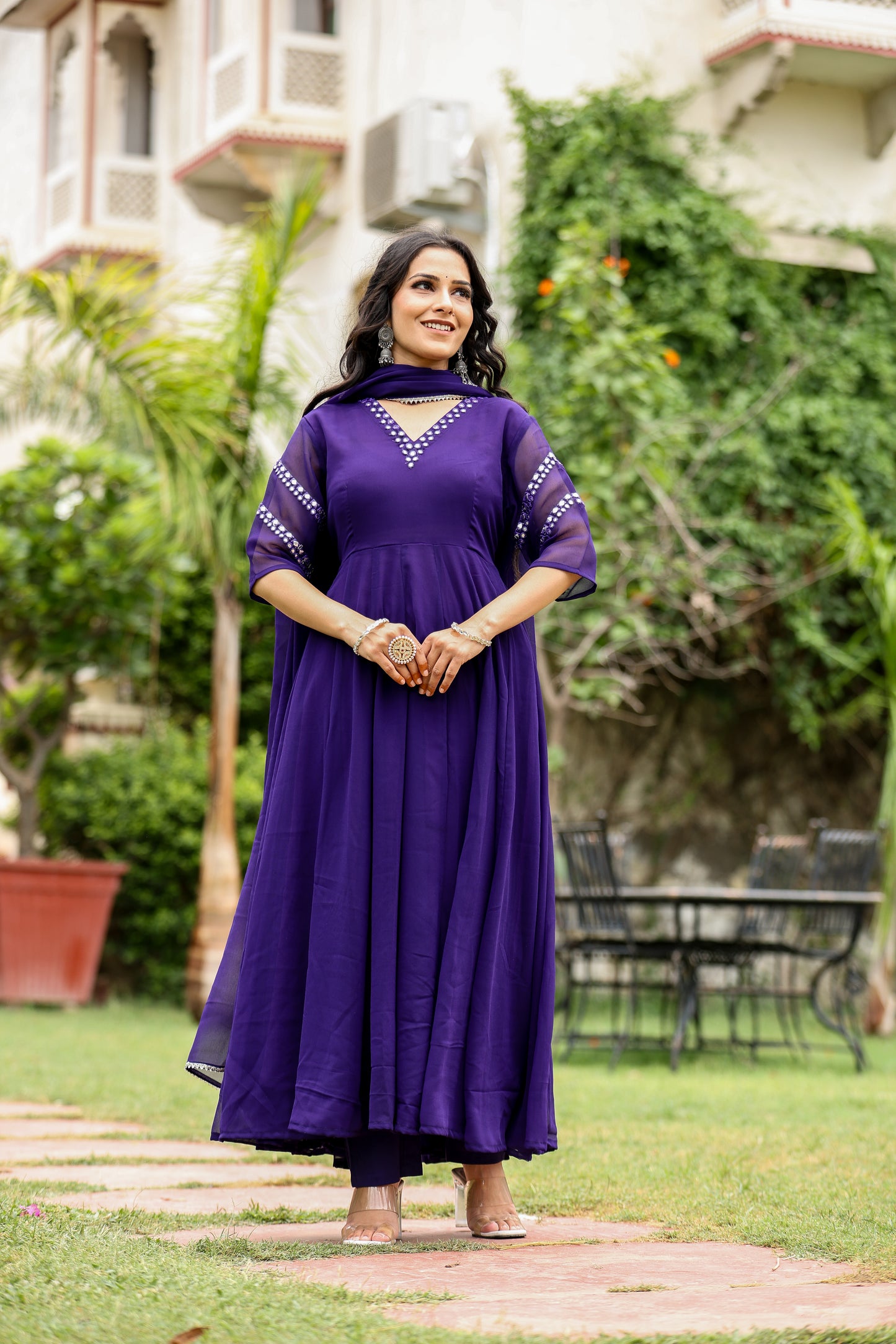 purple georgette embroidered anarkali suit for womens