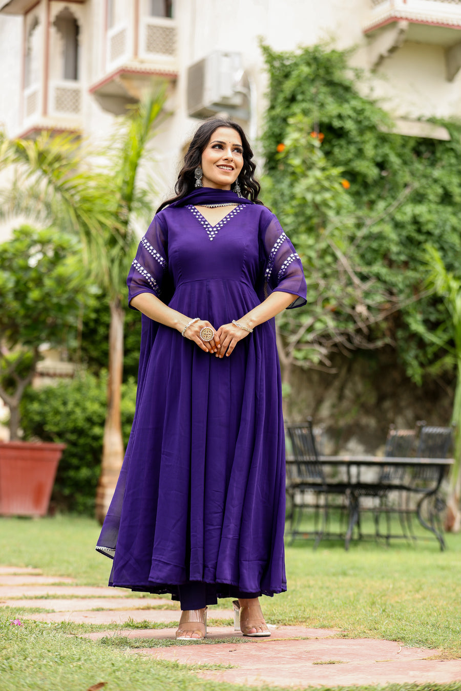 purple georgette embroidered anarkali suit for womens
