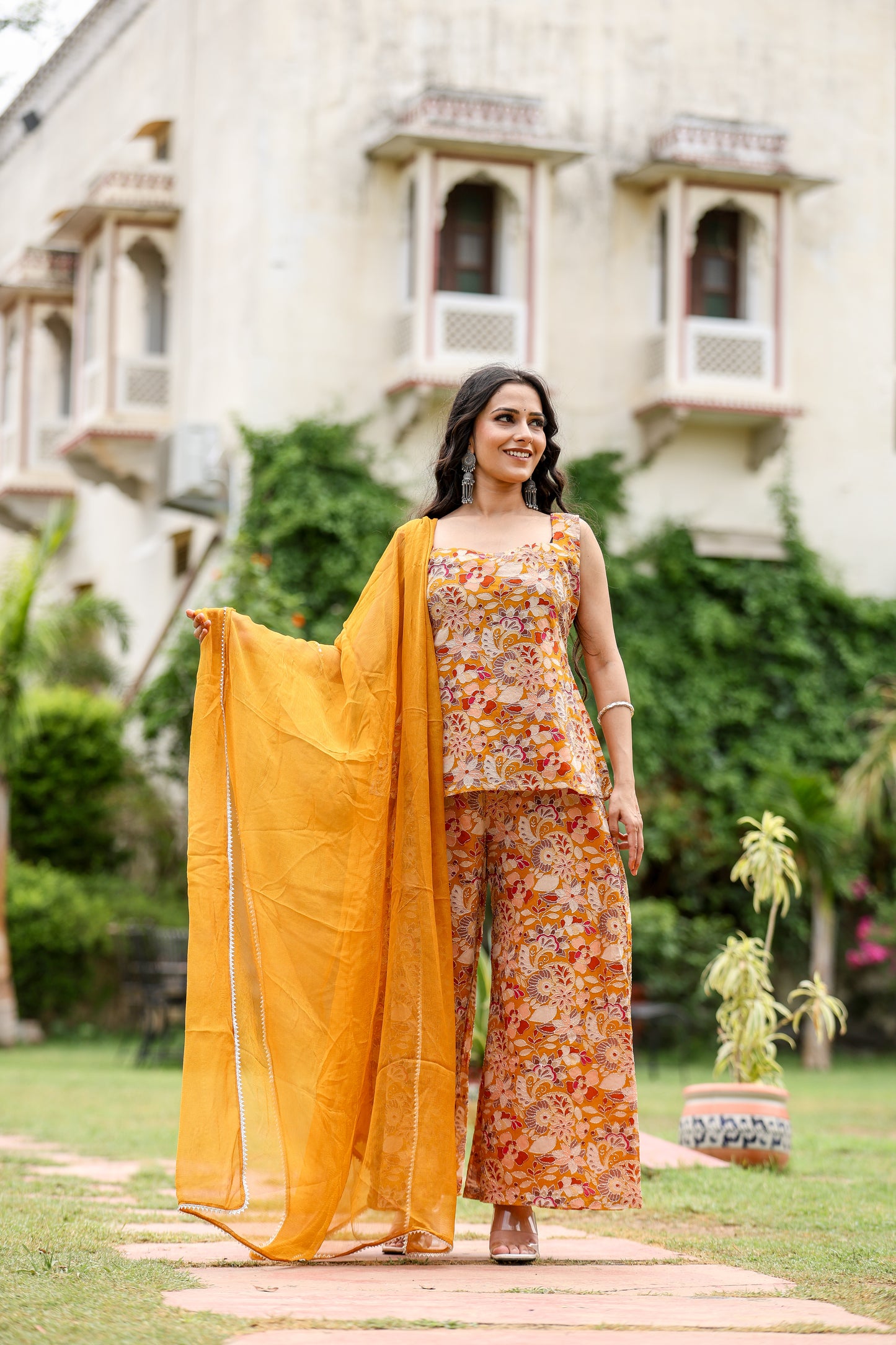 Golden yellow sleeveless kurti embroidered georgette silk with Floral Printed Sharara  with chiffon dupatta set for womens