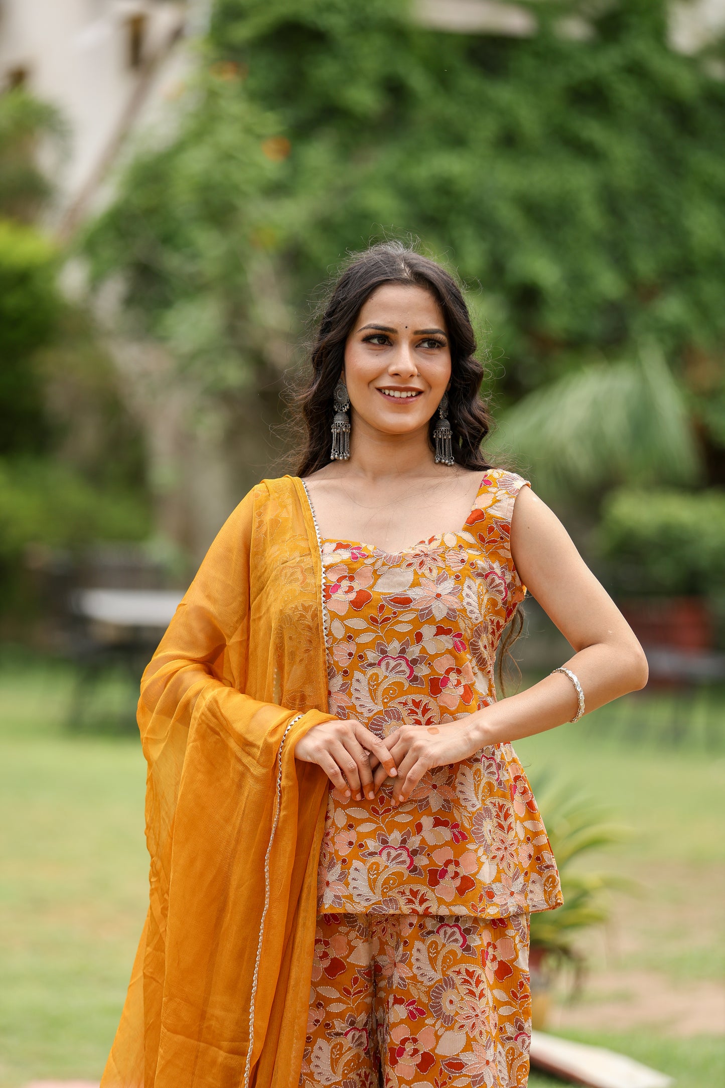 Golden yellow sleeveless kurti embroidered georgette silk with Floral Printed Sharara  with chiffon dupatta set for womens