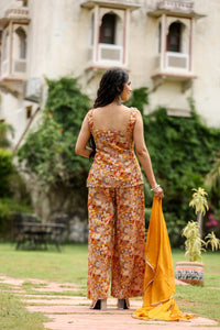 Golden yellow sleeveless kurti embroidered georgette silk with Floral Printed Sharara  with chiffon dupatta set for womens