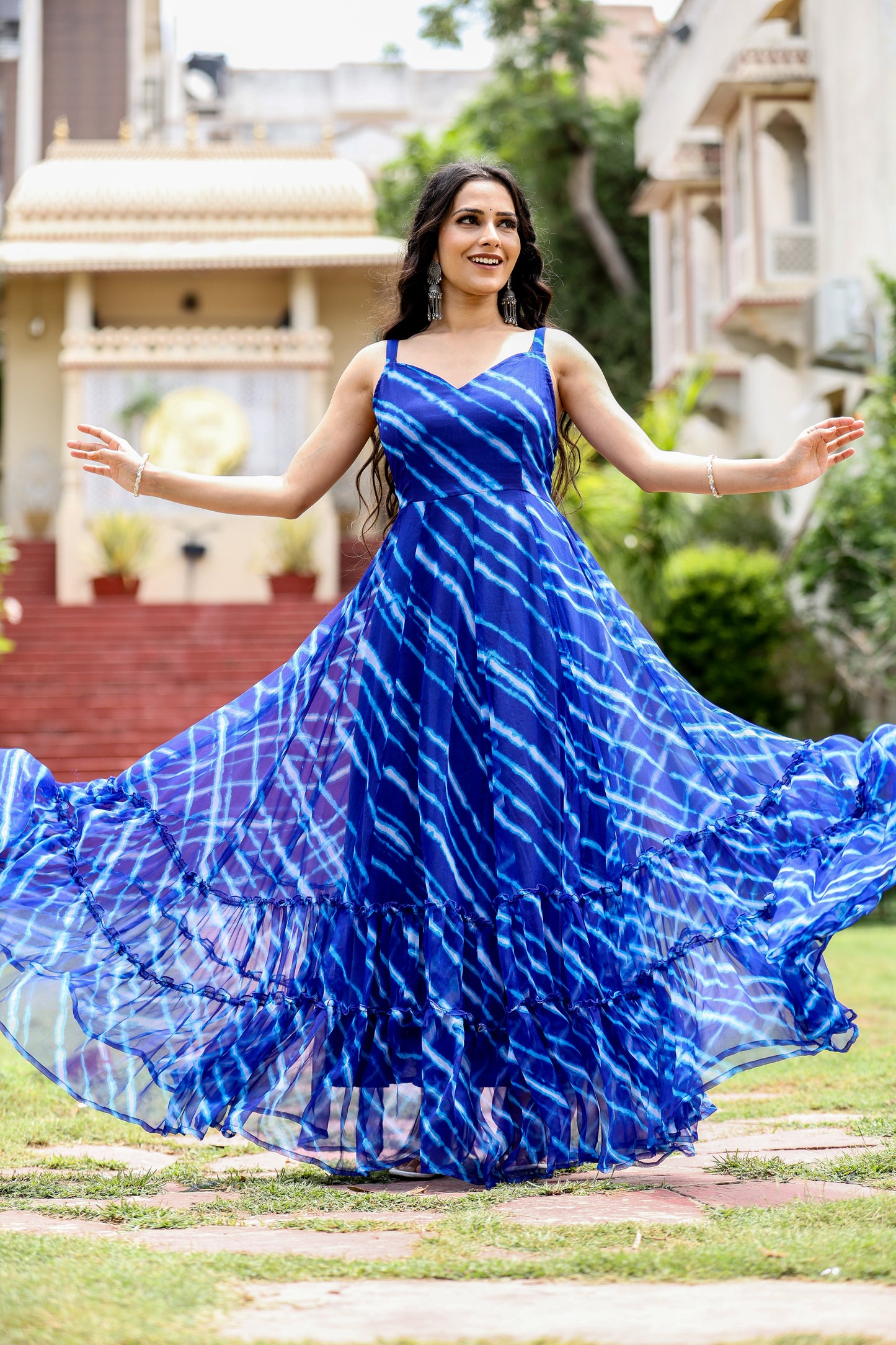 royal blue georgette leheriya printed tiered flared sleevless gown