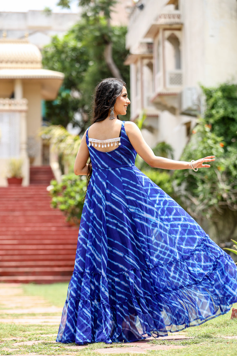 royal blue georgette leheriya printed tiered flared sleevless gown