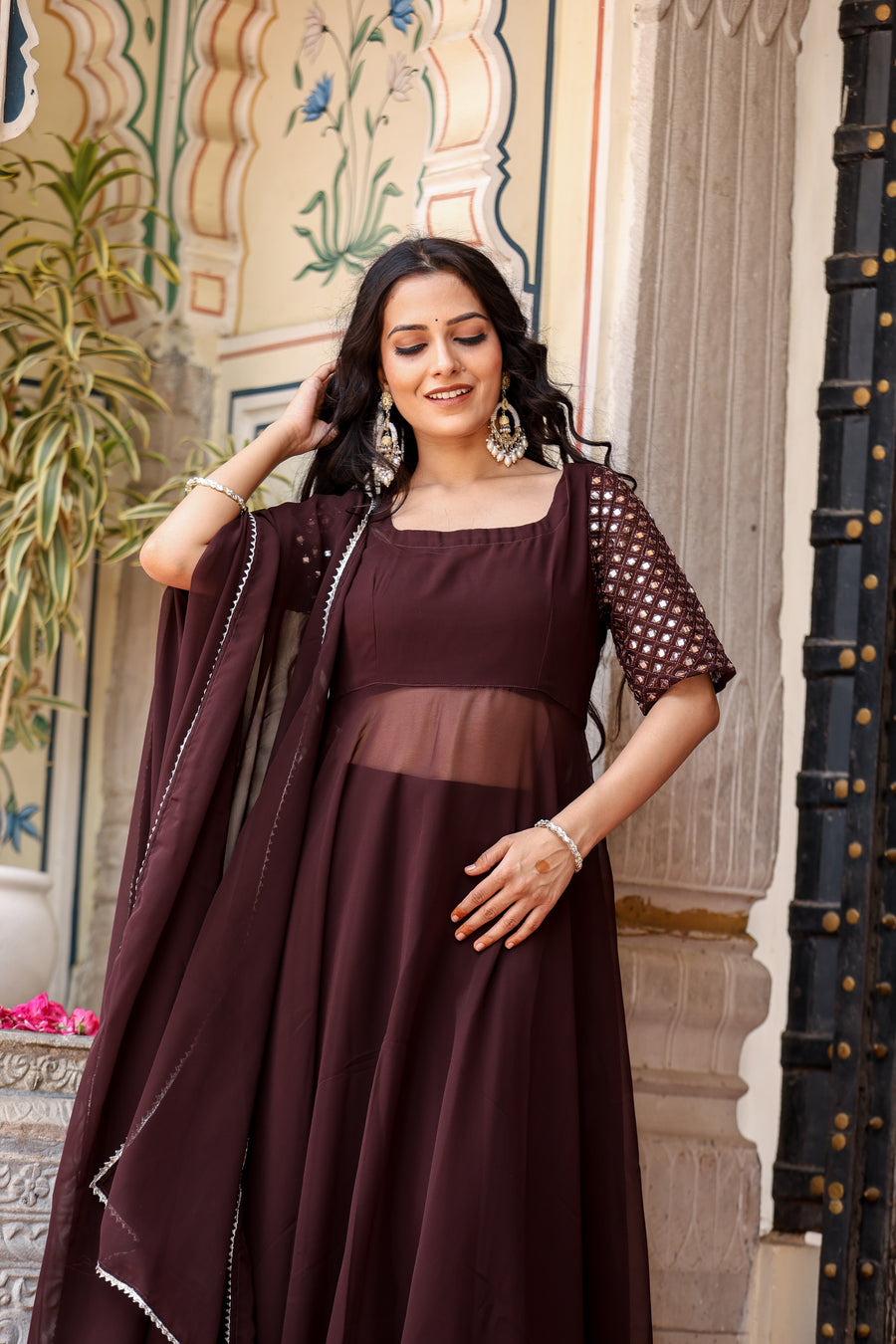 Designer Chocolate Brown Flared Kurta Set for womens