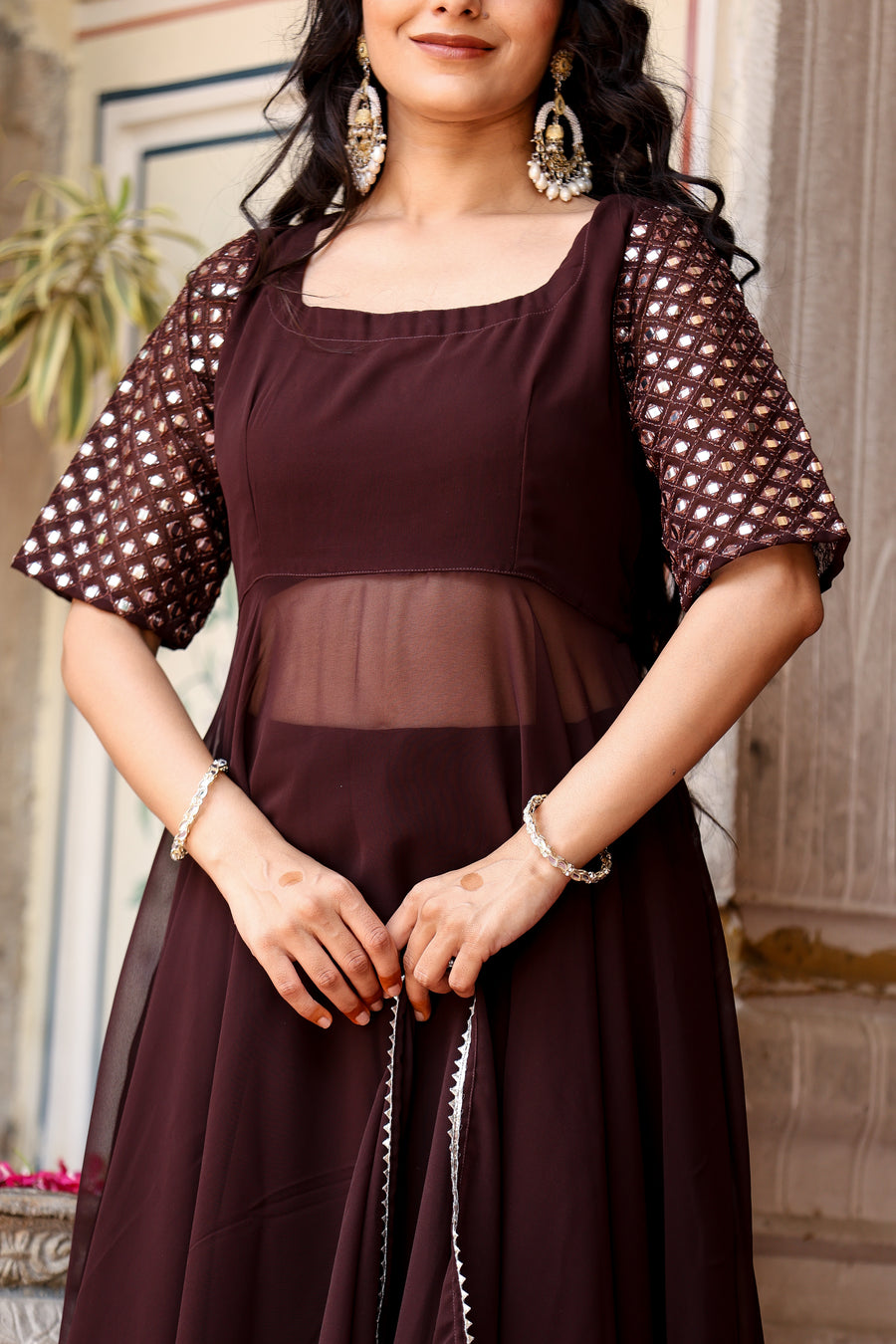 Designer Chocolate Brown Flared Kurta Set for womens