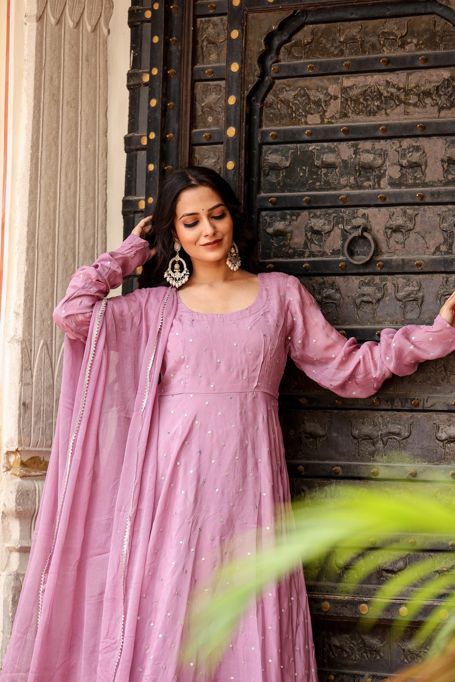 lavender gazi silk embroidered floor touch anarkali with dupatta set for womens