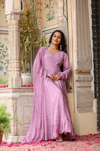 lavender gazi silk embroidered floor touch anarkali with dupatta set for womens