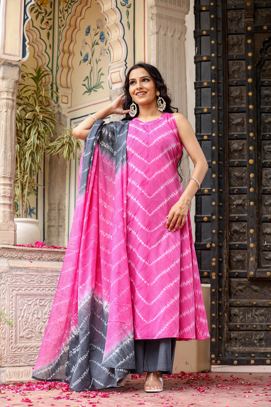 pink and grey halter neck kurta and palzzo with dupatta set  for womens