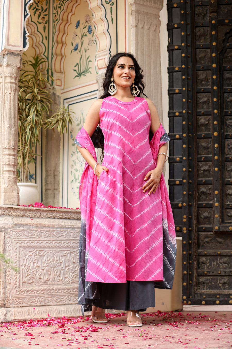 pink and grey halter neck kurta and palzzo with dupatta set  for womens
