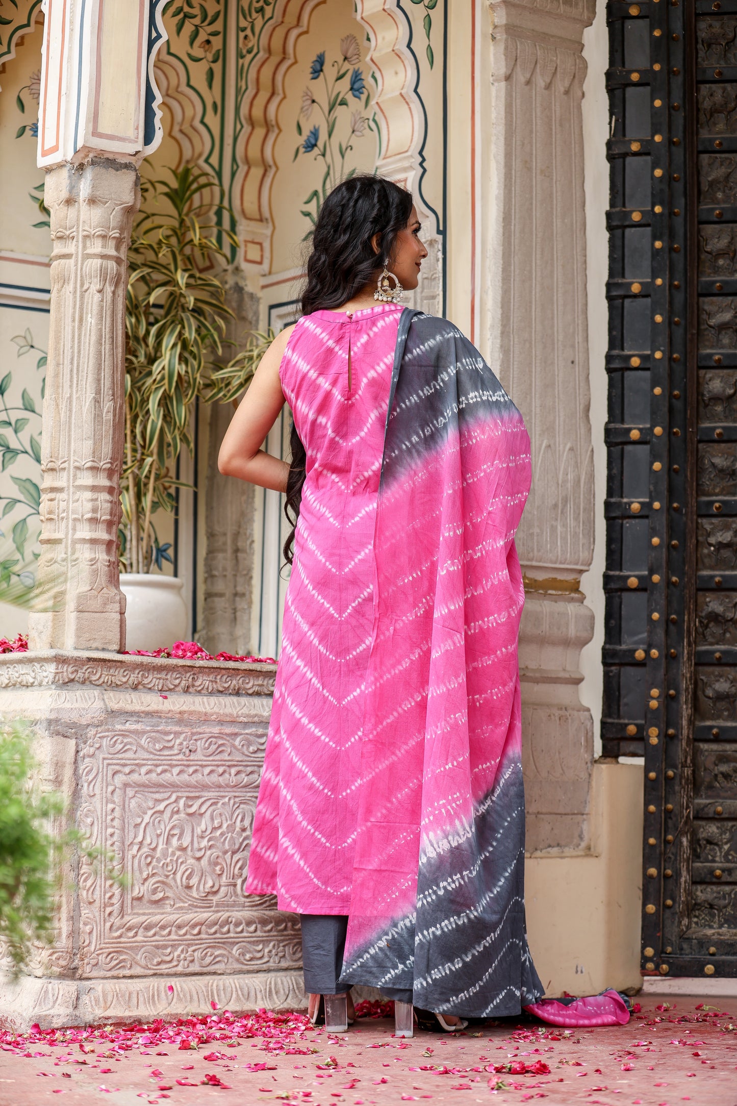 pink and grey halter neck kurta and palzzo with dupatta set  for womens