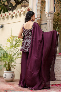 Wine Embroidered Peplum Kurti with solid garara Set for womens