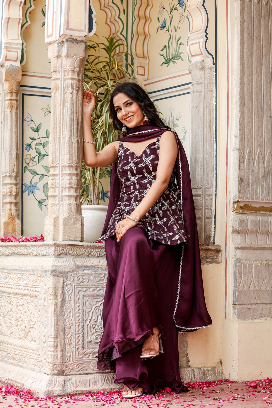 Wine Embroidered Peplum Kurti with solid garara Set for womens