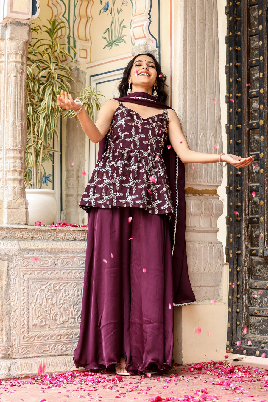 Wine Embroidered Peplum Kurti with solid garara Set for womens