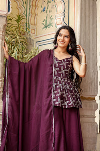 Wine Embroidered Peplum Kurti with solid garara Set for womens