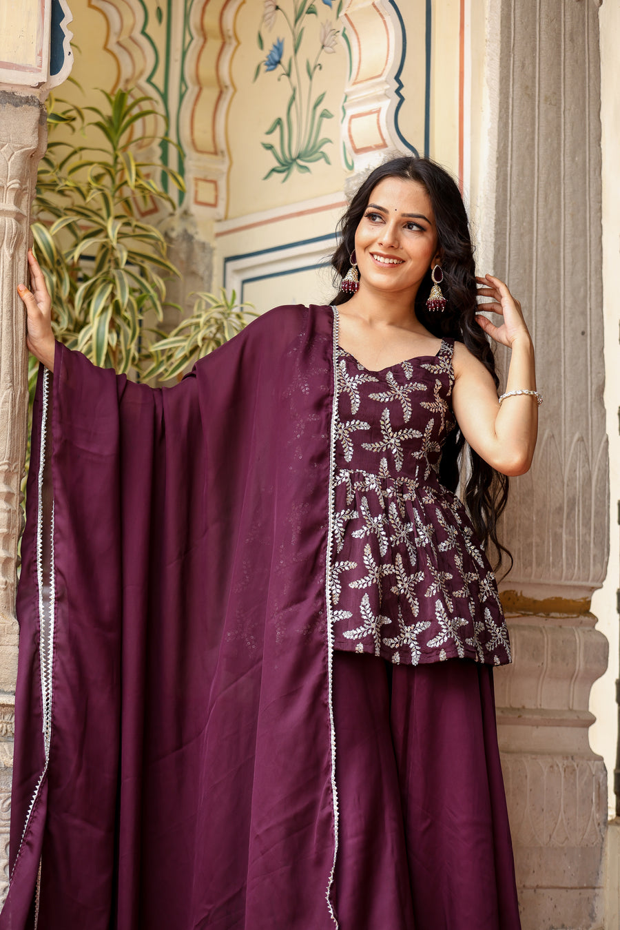 Wine Embroidered Peplum Kurti with solid garara Set for womens
