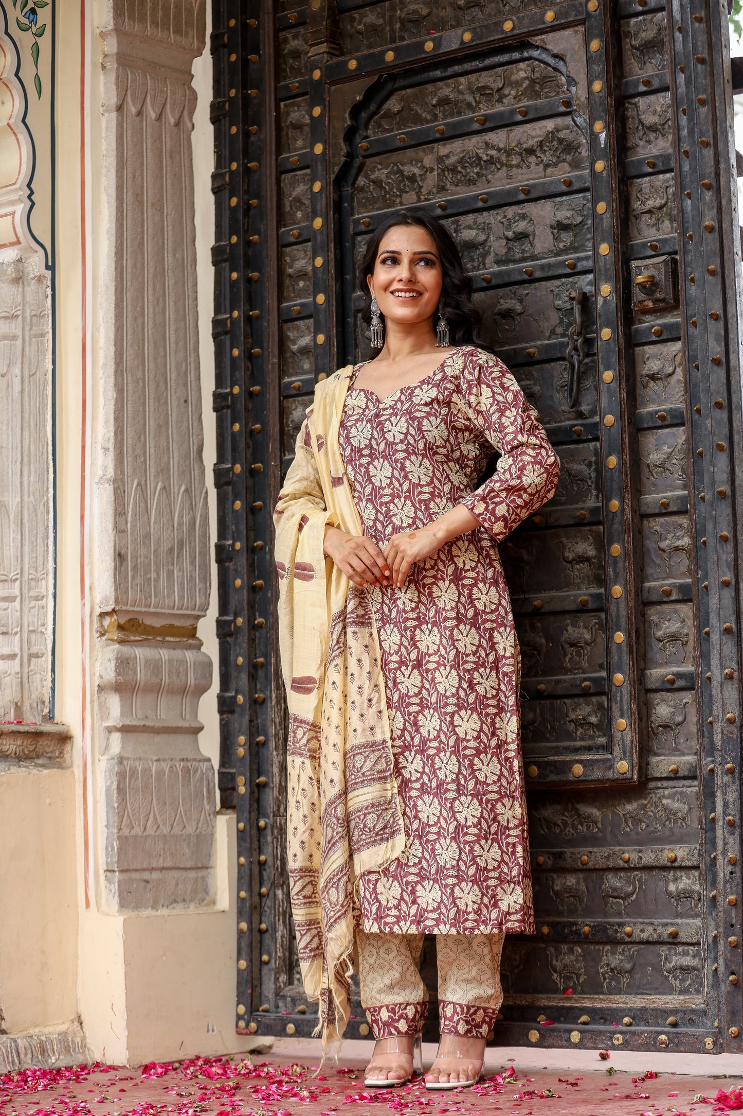 Bahe Kurtiz Handblock Printed brown Cotton Suit Set with Heritage kota doriya Dupatta for womens