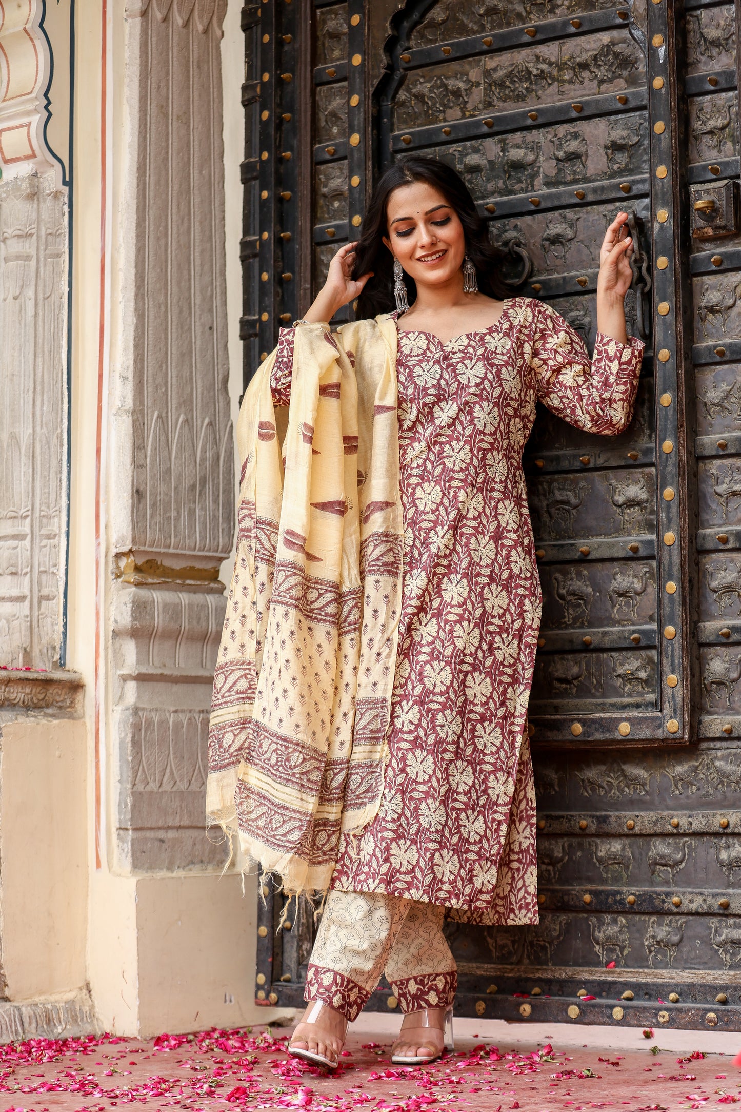 Bahe Kurtiz Handblock Printed brown Cotton Suit Set with Heritage kota doriya Dupatta for womens