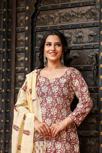 Bahe Kurtiz Handblock Printed brown Cotton Suit Set with Heritage kota doriya Dupatta for womens
