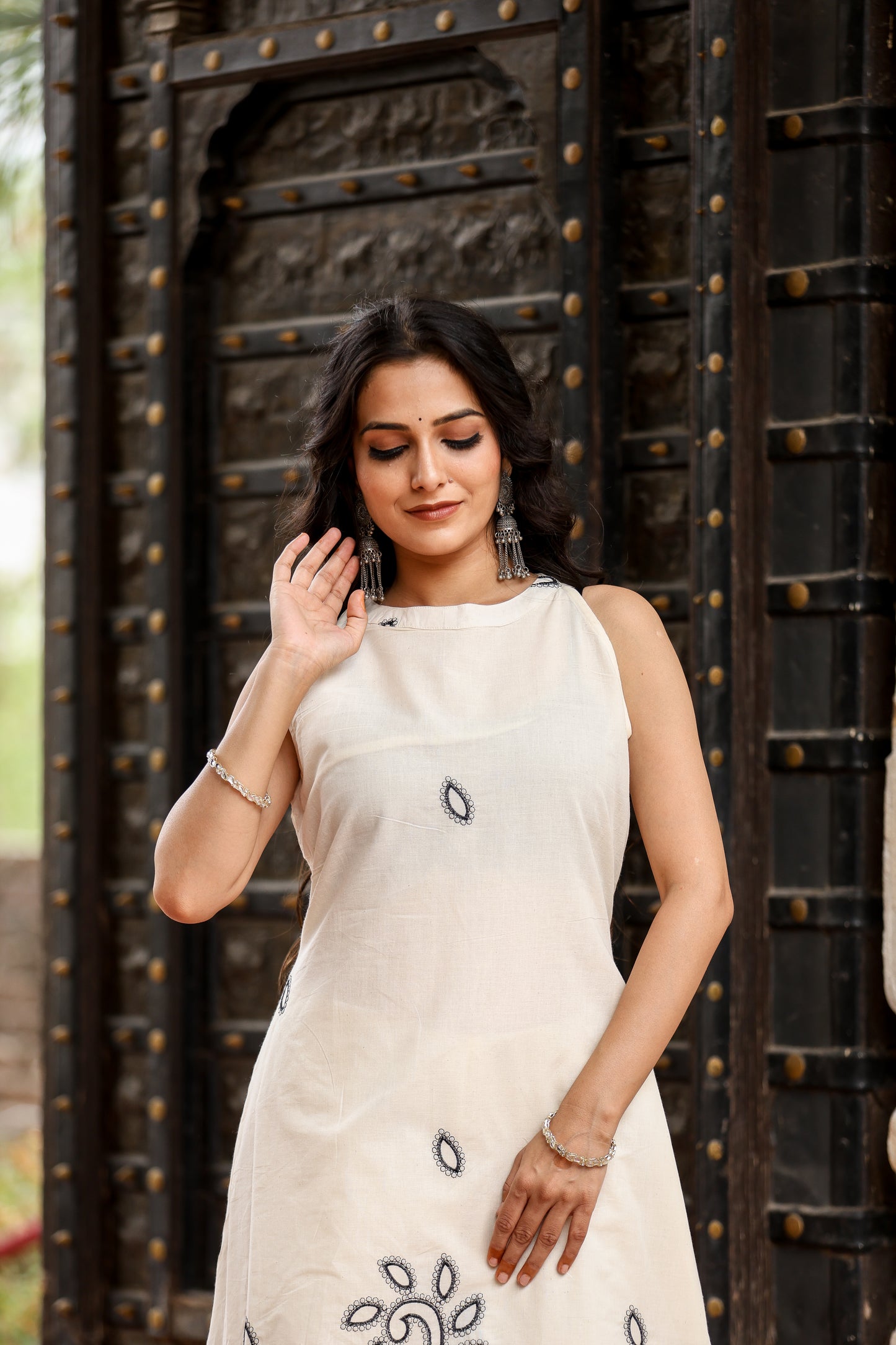 Off-White Cotton A-Line Kurta with Palazzo