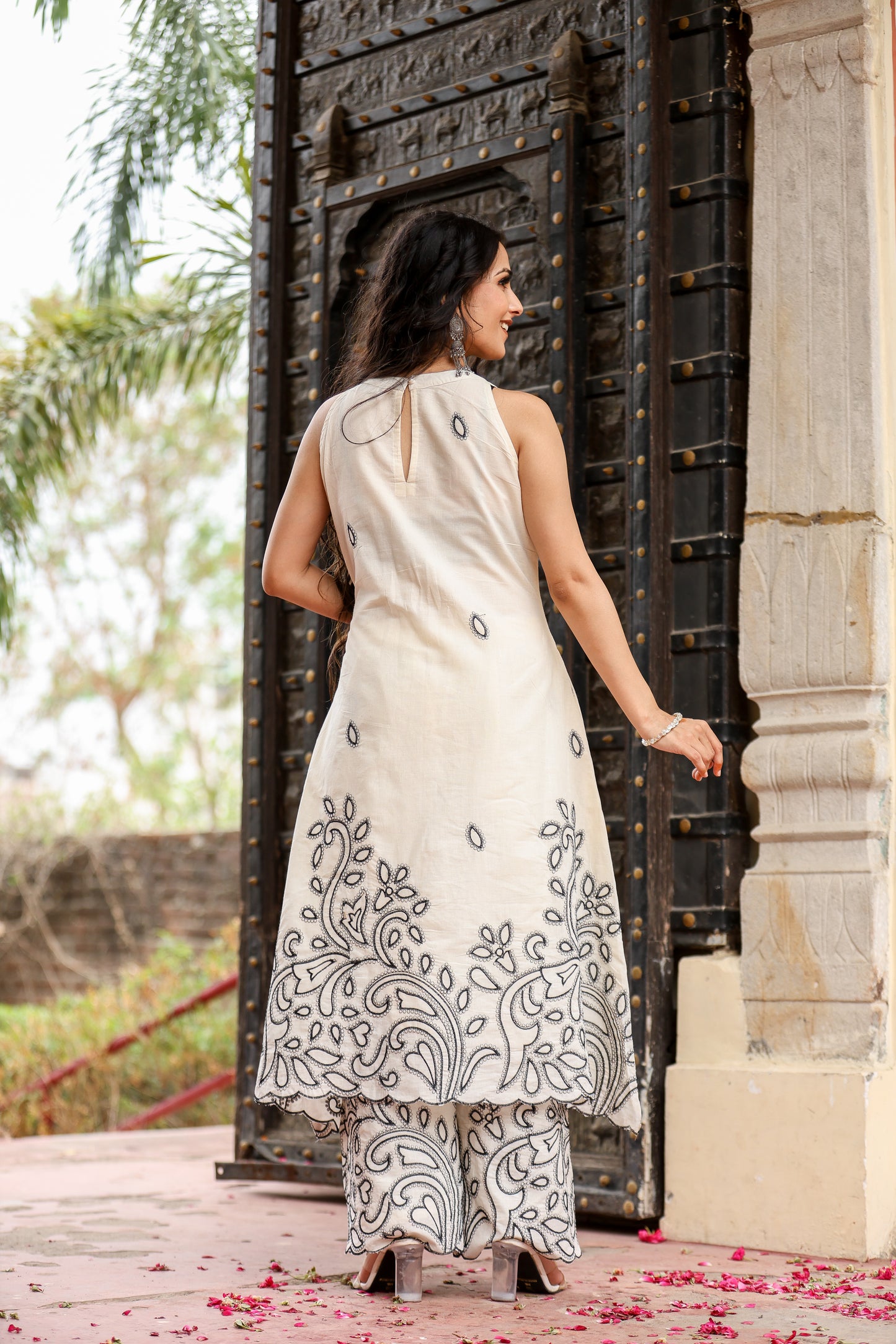 Off-White Cotton A-Line Kurta with Palazzo