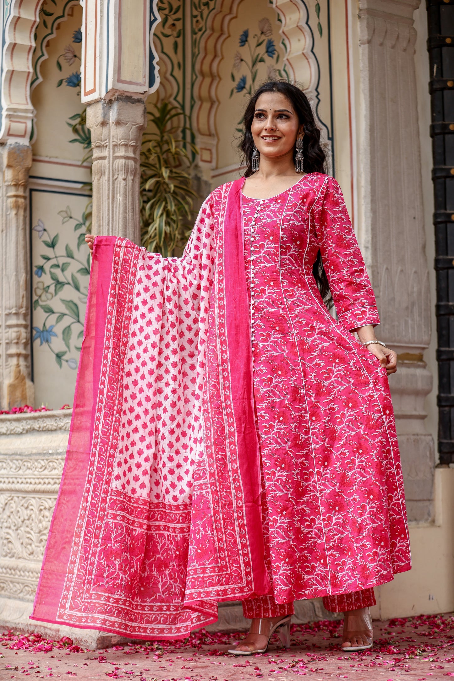Bahe Kurtiz Pink Handblock Printed Cotton kalidar Anarkali Set with Dupatta for Womens