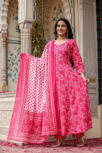 Bahe Kurtiz Pink Handblock Printed Cotton kalidar Anarkali Set with Dupatta for Womens