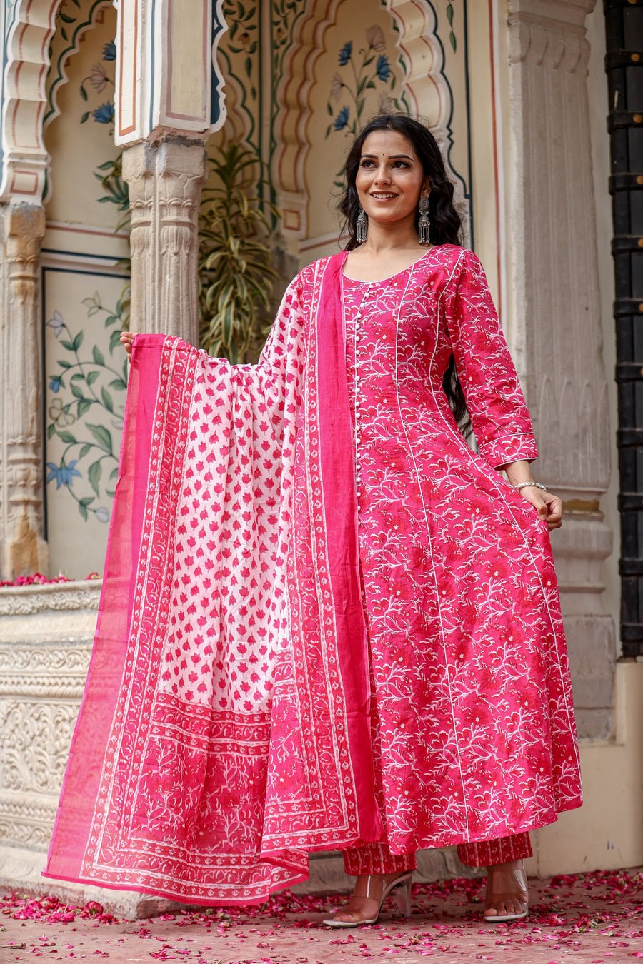 Bahe Kurtiz Pink Handblock Printed Cotton kalidar Anarkali Set with Dupatta for Womens