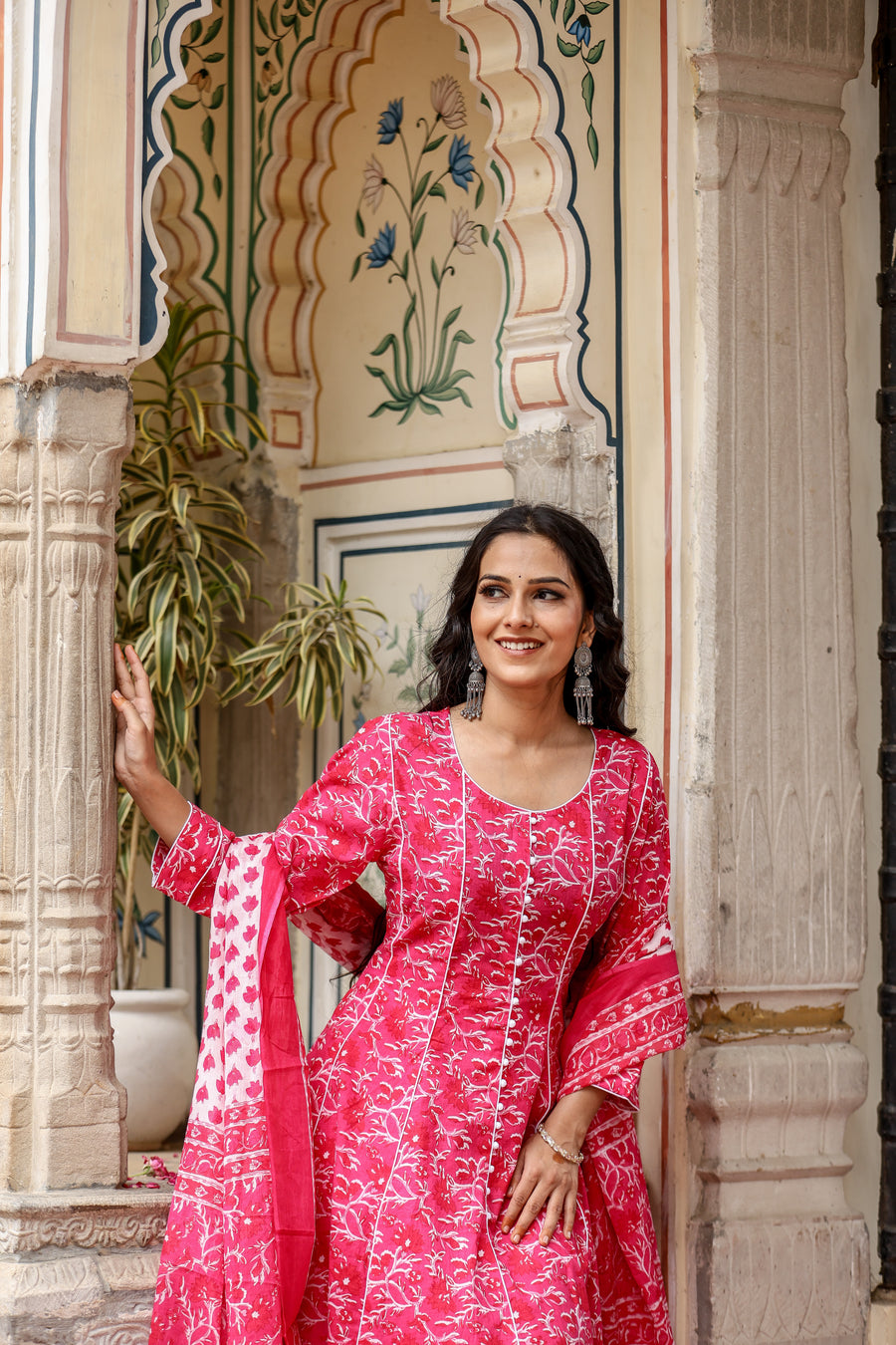 Bahe Kurtiz Pink Handblock Printed Cotton kalidar Anarkali Set with Dupatta for Womens