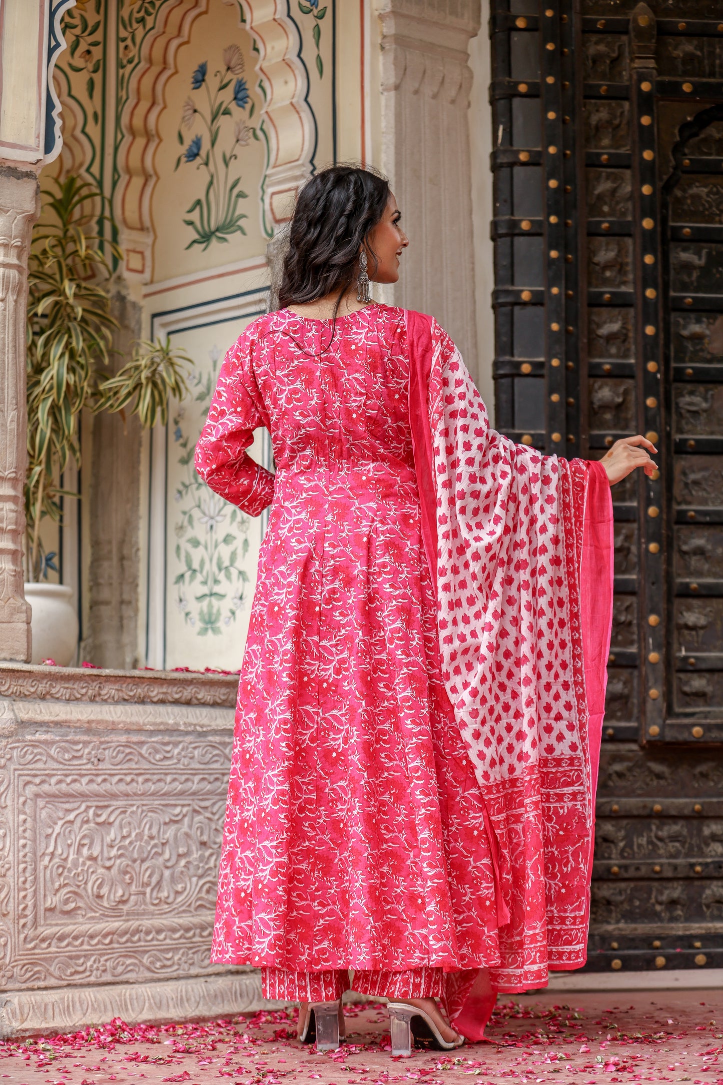Bahe Kurtiz Pink Handblock Printed Cotton kalidar Anarkali Set with Dupatta for Womens