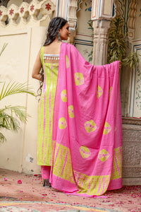 Lime & Pink Tie-Dye Sleeveless Straight Kurta Set with Dupatta for womens