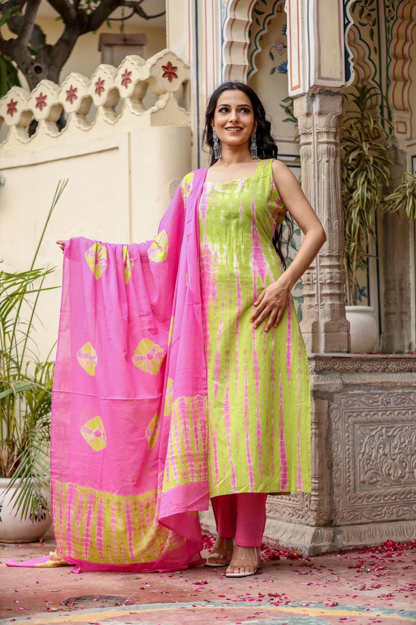 Lime & Pink Tie-Dye Sleeveless Straight Kurta Set with Dupatta for womens