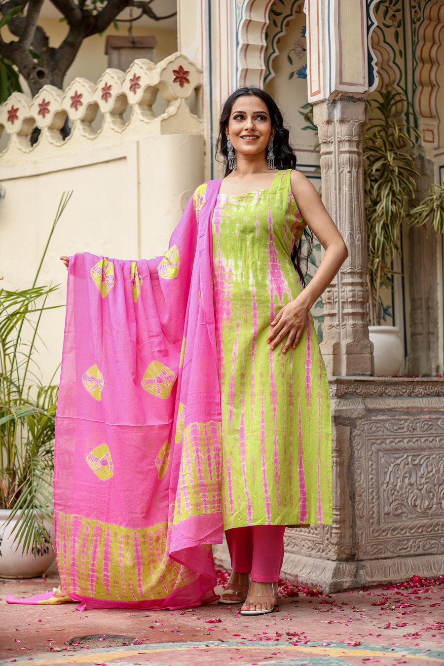 Lime & Pink Tie-Dye Sleeveless Straight Kurta Set with Dupatta for womens