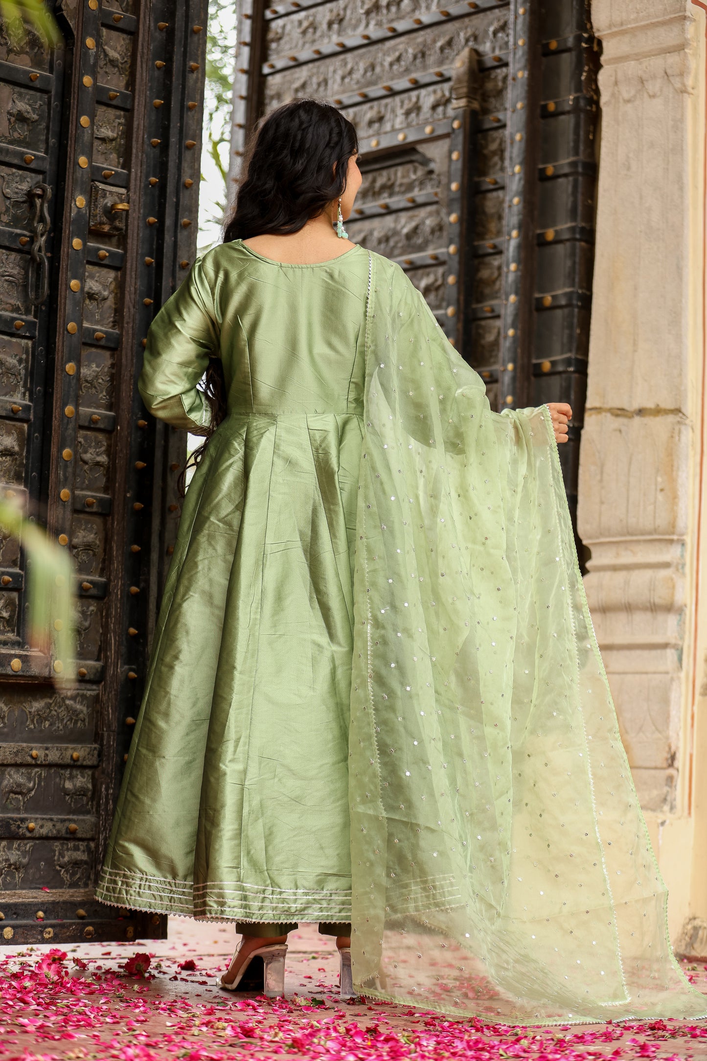Olive Green Silk Flared Anarkali Kurta Set with fully flared & Dupatta for womens