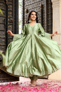 Olive Green Silk Flared Anarkali Kurta Set with fully flared & Dupatta for womens
