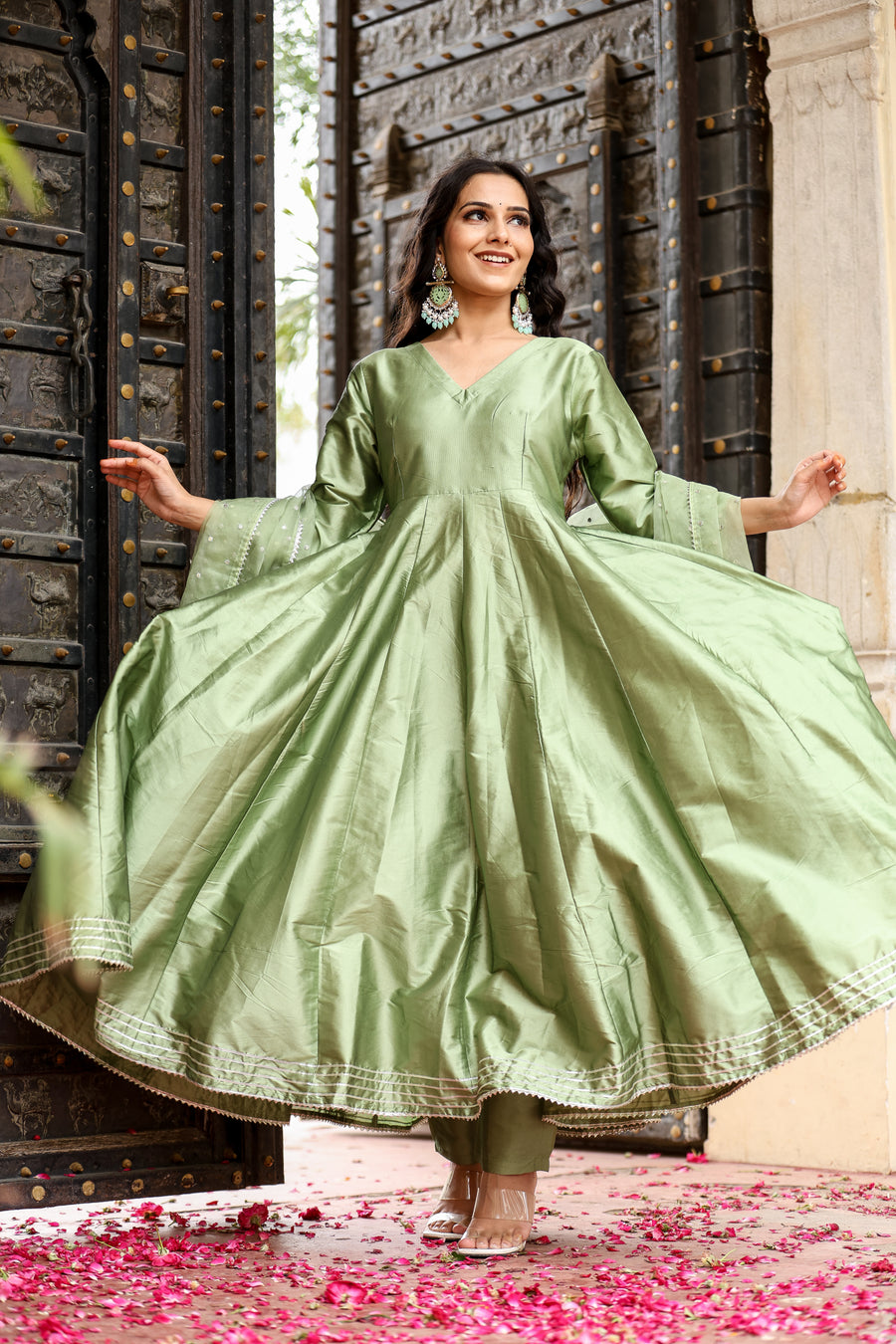 Olive Green Silk Flared Anarkali Kurta Set with fully flared & Dupatta for womens