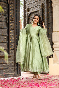 Olive Green Silk Flared Anarkali Kurta Set with fully flared & Dupatta for womens