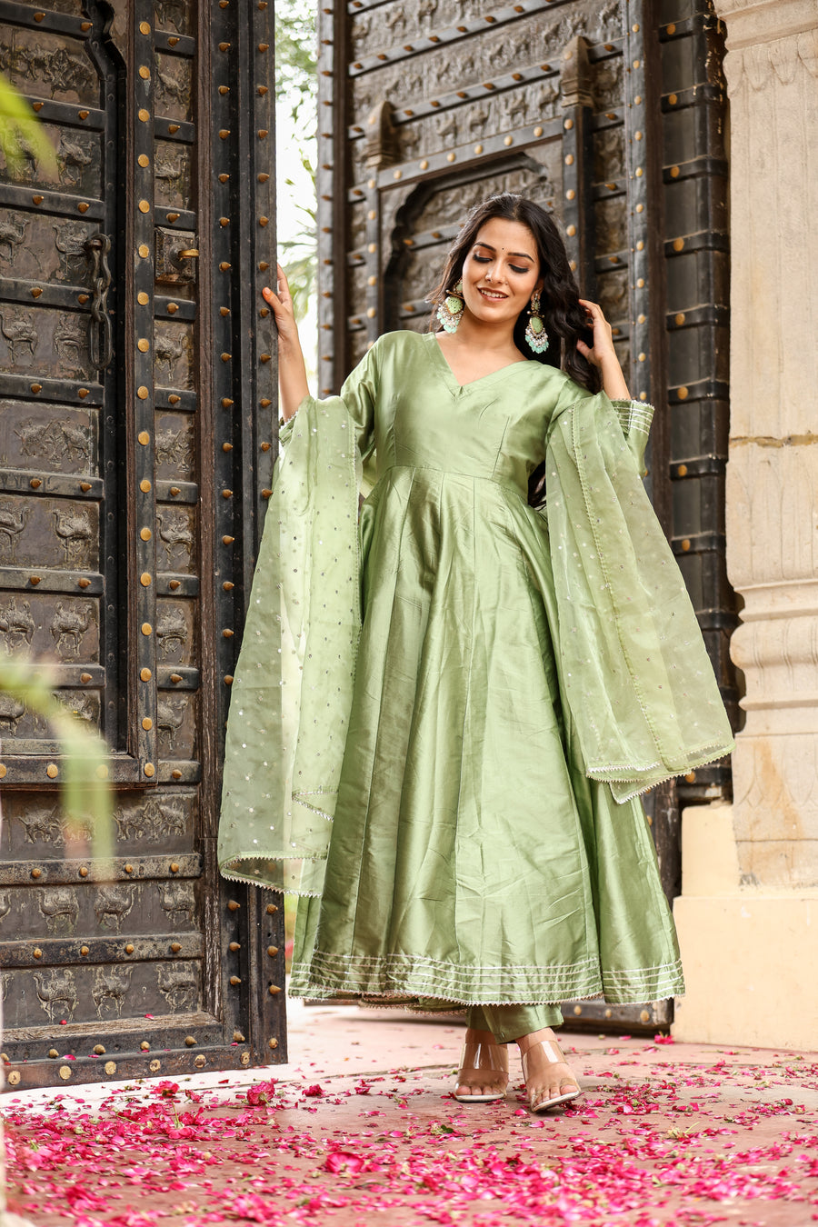 Olive Green Silk Flared Anarkali Kurta Set with fully flared & Dupatta for womens