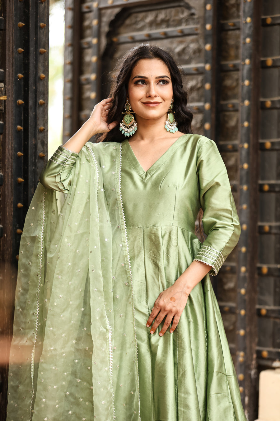 Olive Green Silk Flared Anarkali Kurta Set with fully flared & Dupatta for womens