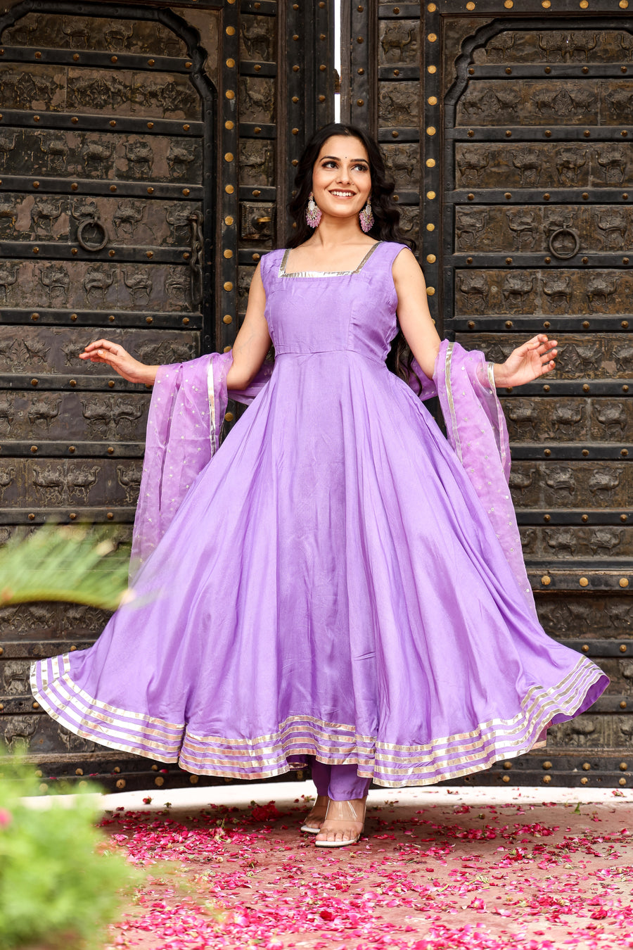 Elegant Lavender Flared Anarkali Kurta Set with Organza Dupatta for womens