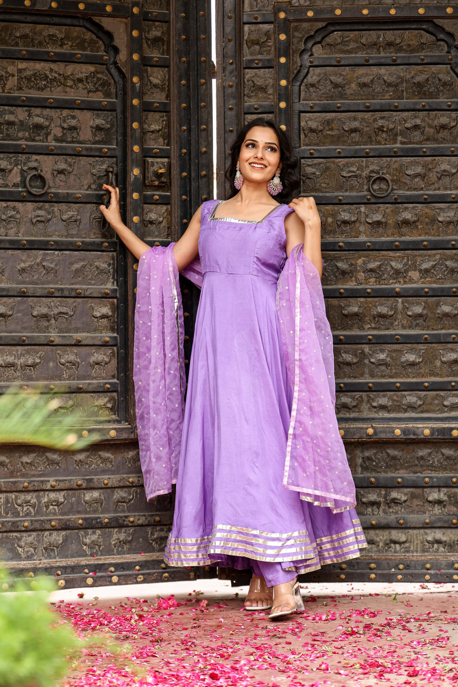 Elegant Lavender Flared Anarkali Kurta Set with Organza Dupatta for womens