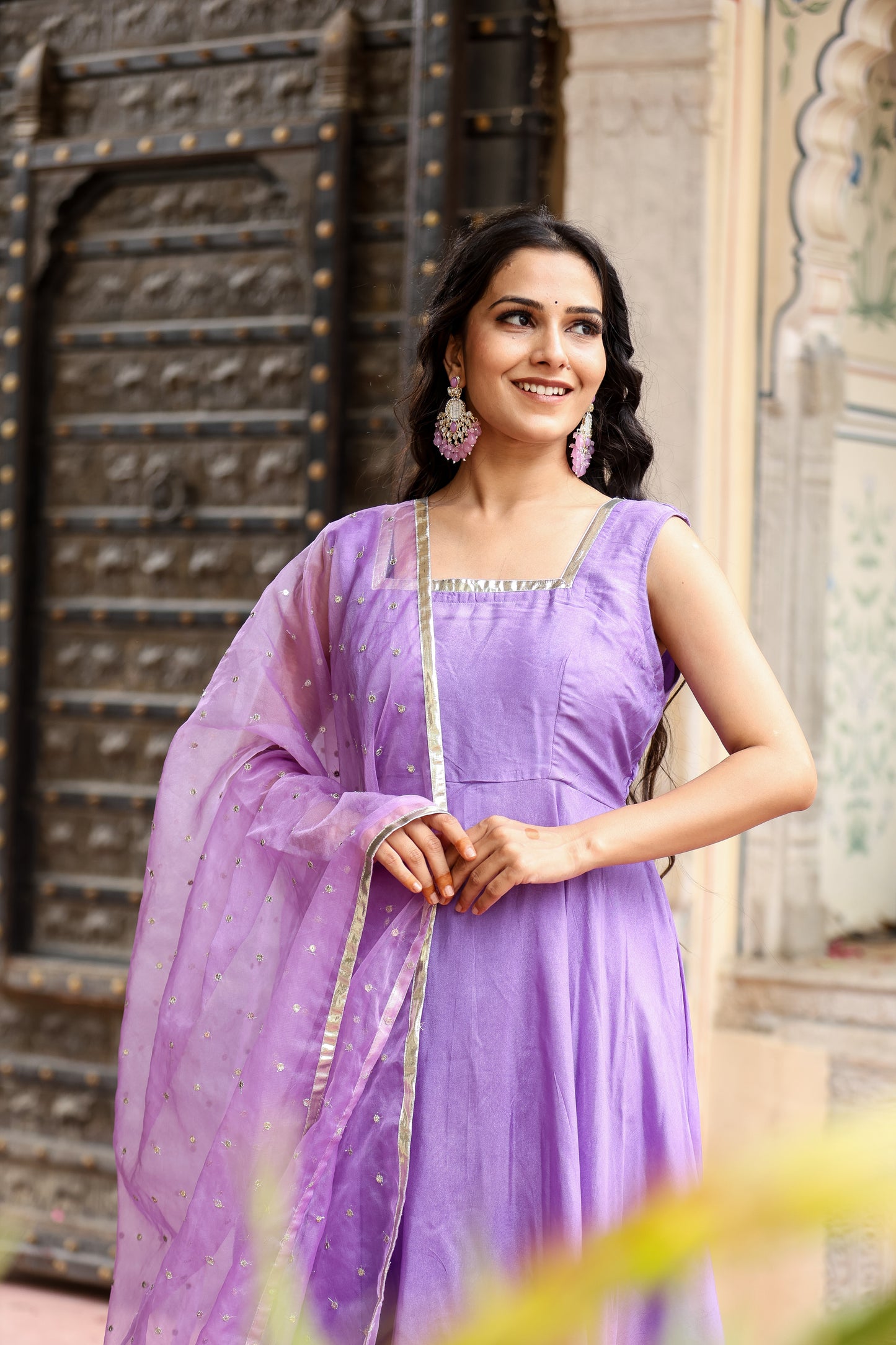 Lavender Georgette  handwork  with fully flared gotta lace  Anarkali Suit  for womens
