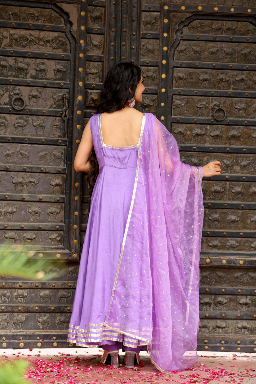Elegant Lavender Flared Anarkali Kurta Set with Organza Dupatta for womens